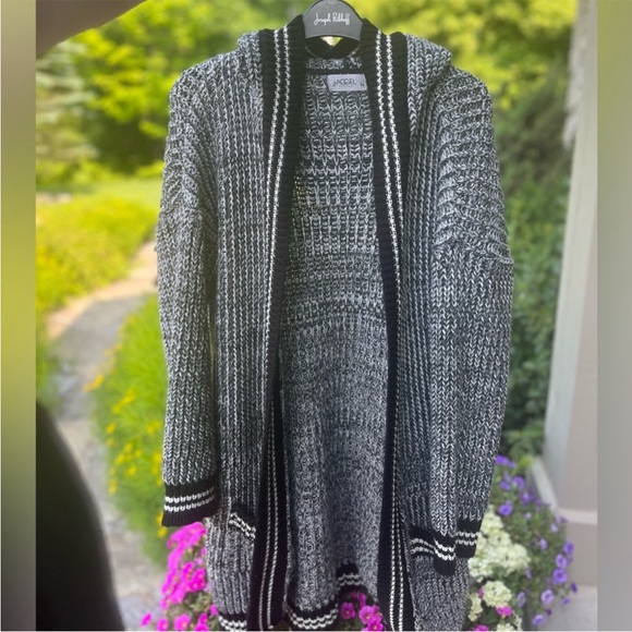 AGGÉL Long Knit Black & White Open Cardigan with Hood Size M EUC - Picture 11 of 16